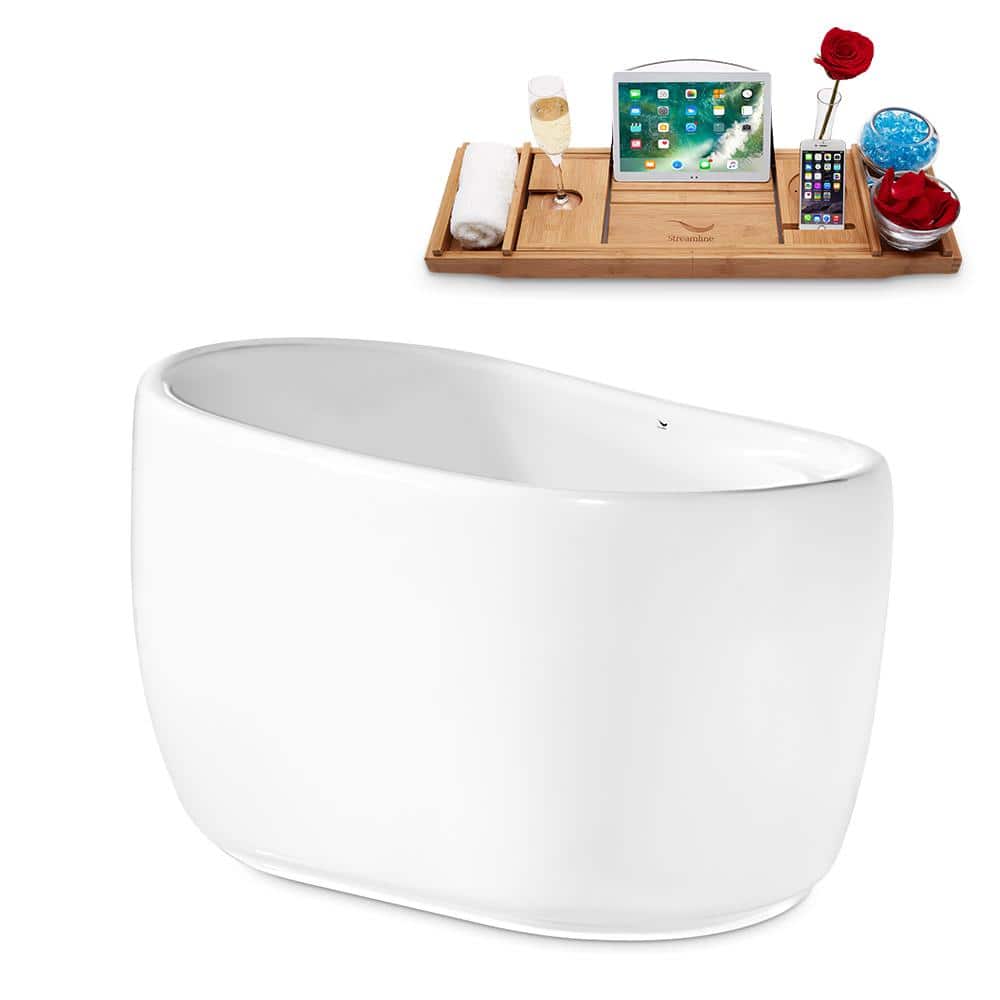 51" Glossy White Acrylic Freestanding Soaking Bathtub with Bamboo Tray