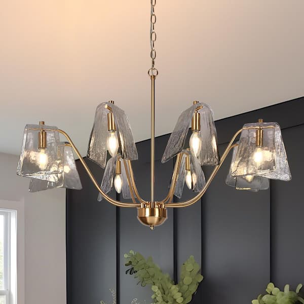LNC Afmean 8-Light Plated Brass Modern Chandelier with Gray Textured Glass Geometric Shades for Living Room Dining Room