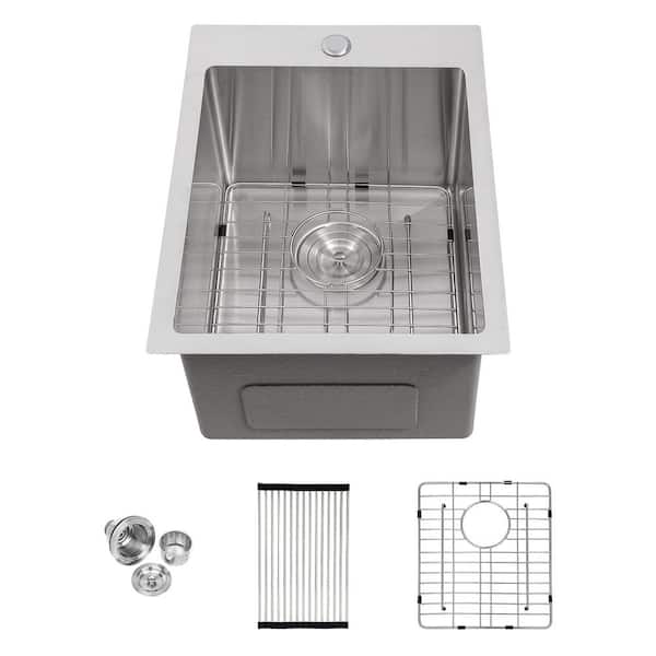 15 in. Drop-in Single Bowl 16 Gauge Brushed Nickel Stainless Steel Kitchen Sink with Bottom Grids and Rolling Rack