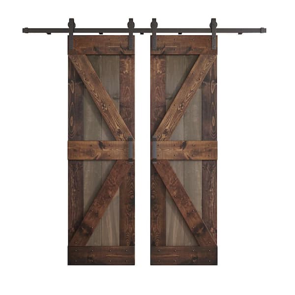 K Series 60 in. x 84 in. Smoky Gray/Kona Coffee Knotty Pine Wood Double Sliding Barn Door with Hardware Kit