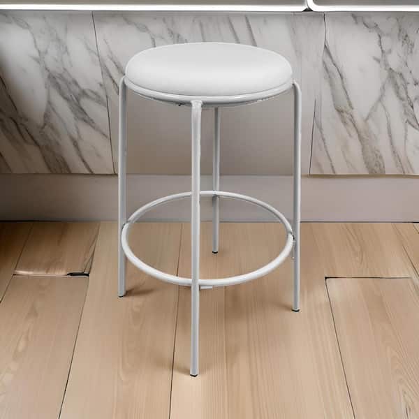 Benjara 30 in. White Backless Metal Frame Bar Stool with Faux Leather Seat (Set of 2)