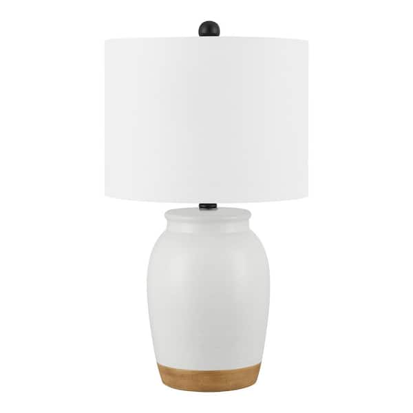 Hampton Bay Vinwood 21.25 in. White and Brown Ceramic Table Lamp with White Fabric Shade