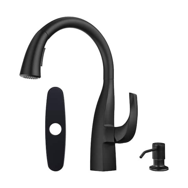 ALEASHA Single Handle Pull Down Sprayer Kitchen Faucet with Soap Dispenser in Matte Black