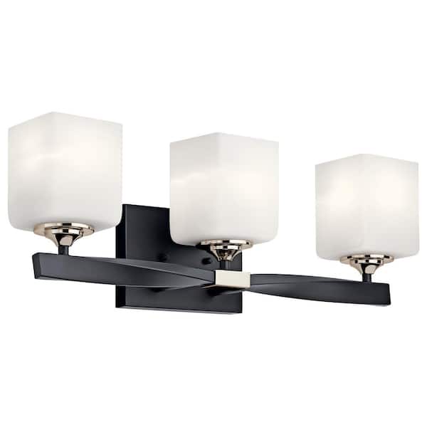 Marette 22.75 in. 3-Light Black Contemporary Bathroom Vanity Light with Satin Etched Cased Opal Glass