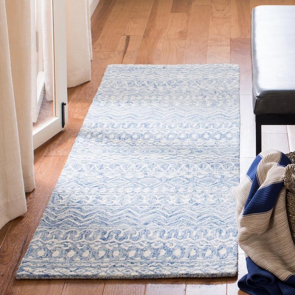 Micro-Loop 2 ft. x 17 ft. Blue/Ivory Distressed Tribal Runner Rug