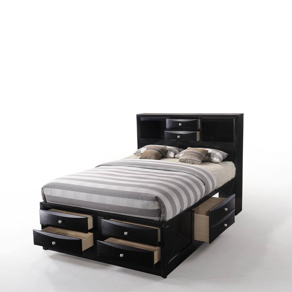 Elegant Full Double Captain's Bed with Upholstered Headboard and 8 Storage Drawers in Black