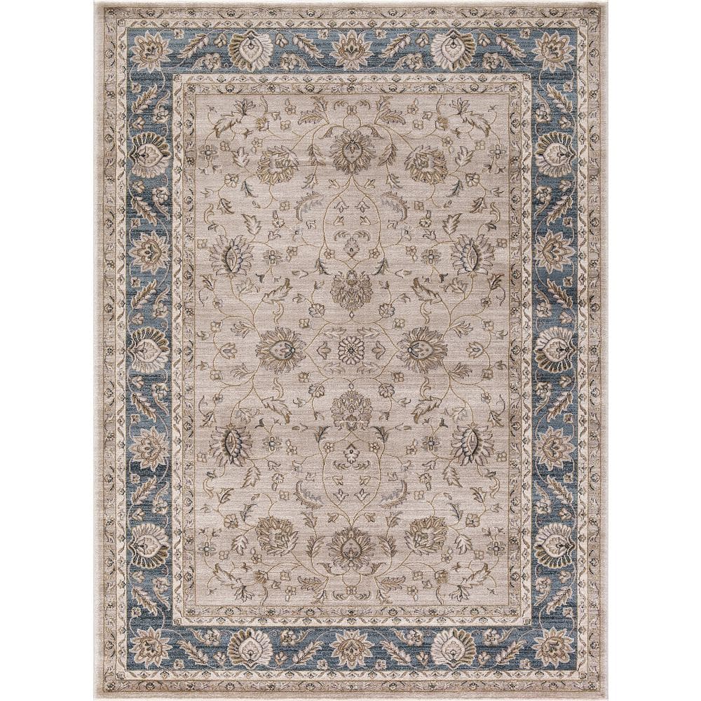 Beige and Blue Synthetic 8' x 10' Stain-Resistant Oriental Rug