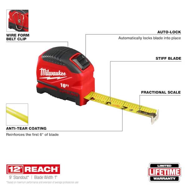 Milwaukee 16 ft. Compact Auto Lock Tape Measure with Fractional