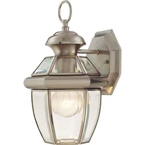 Brushed Nickel Hardwired Outdoor Coach Light Sconce with Clear Beveled Glass Shade
