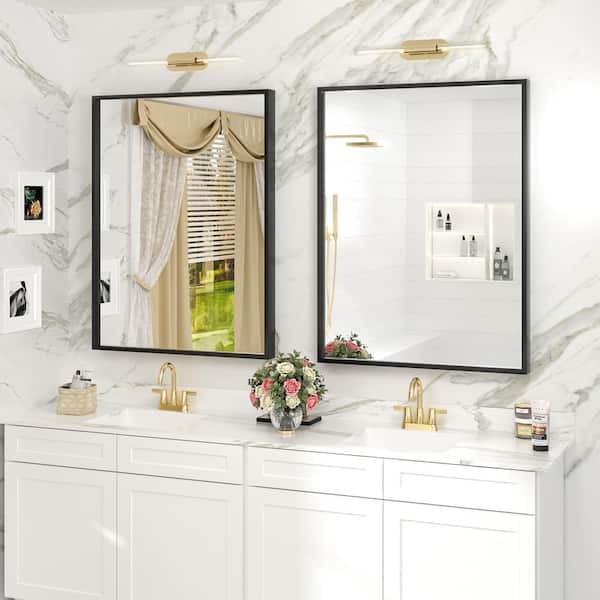 28 in. W x 36 in. H Rectangular Aluminum Alloy Framed and Tempered Glass Wall Bathroom Vanity Mirror in Matte Black