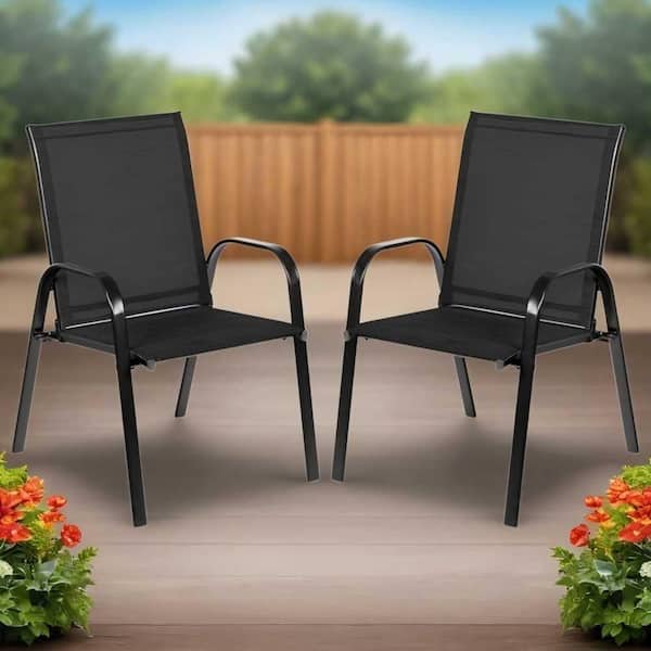 Steel Outdoor Dining Chair in Black Set of 2