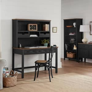 48 in. Rectangular Black/Walnut Wood 5-Drawer Writing Desk with Open Shelf Hutch