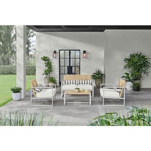 Sea Island White 4-Piece Reinforced Aluminum Outdoor Conversation Set with Wicker Table and Natural White Cushions