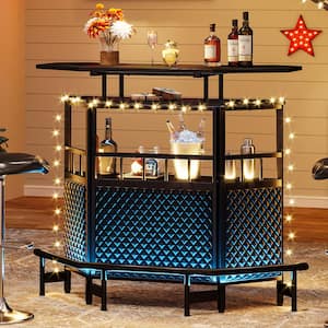 Kearsten Black 47.24 in. W Curved Home Bar Unit, Liquor Bar Table with Stemware Racks, Glasses Holder and 4-Tier Shelves