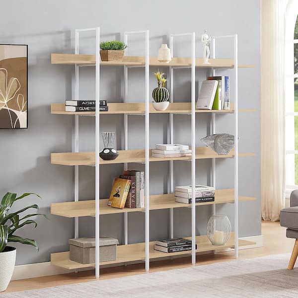 70.9 in. Tall Oak 5-Tier Home Office Bookshelf, MDF 5-Shelf Vintage Industrial Style Bookcase with Open Storage