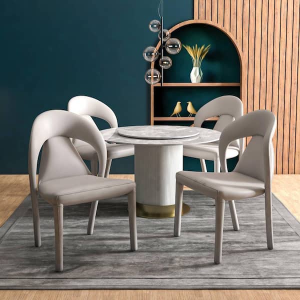 Leisuremod Solace Modern Dining Chair in Upholstered Faux Leather with Steel Frame and Legs, Kitchen Accent Chair in Light Grey