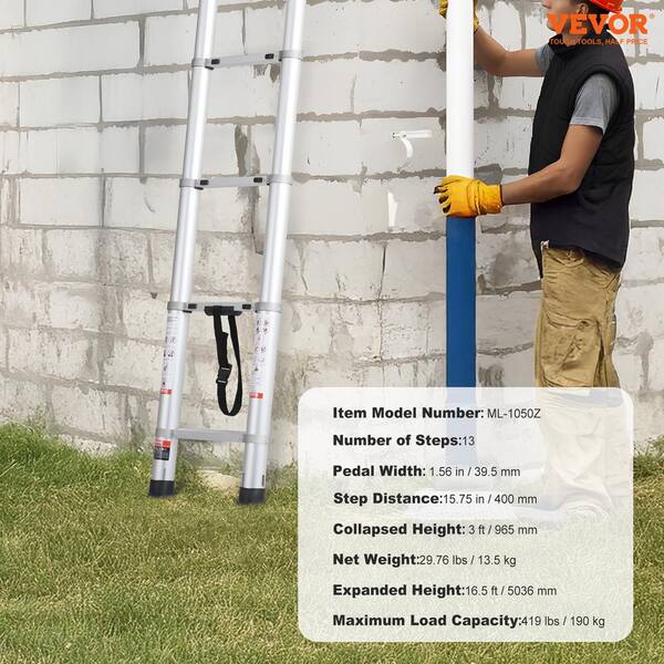 VEVOR Telescoping Ladder – 16.5ft Stainless Steel Extension Ladder – Multi-Button Retraction, 375 Lbs Capacity, Non-Slip Feet – 13-Step Portable Collapsible Ladder For Home, RV, Loft