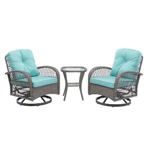 3 Pieces Outdoor Wicker Patio Conversation Set Swivel Rocking Chair with Blue Thickeneed Cushions and Glass Coffee Table