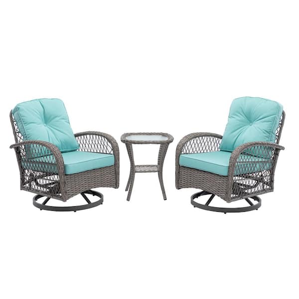 Unbranded 3 Pieces Outdoor Wicker Patio Conversation Set Swivel Rocking Chair with Blue Thickeneed Cushions and Glass Coffee Table