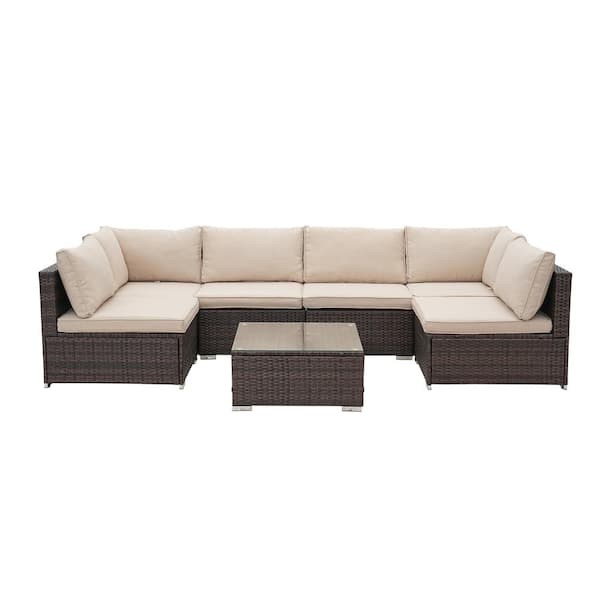 7-Piece Brown Rattan Wicker Outdoor Patio Sectional Sofa Set with Beige ...