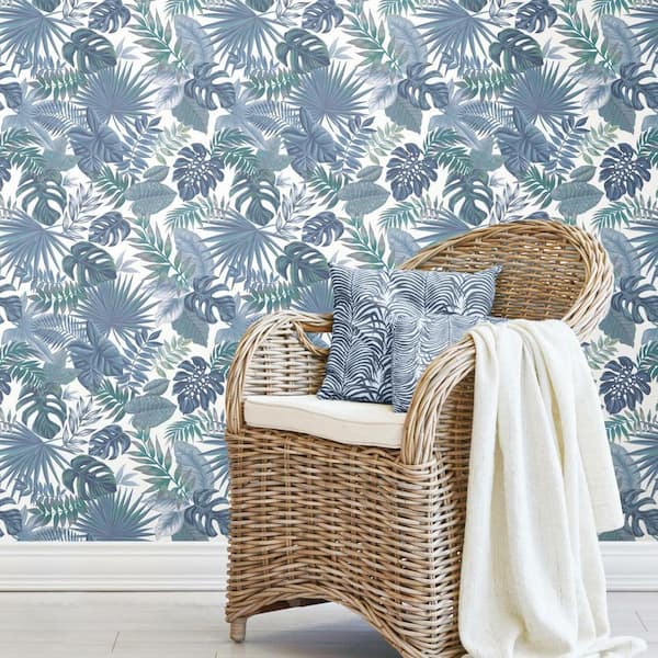 28.29 sq. ft. Blue Palm Frond Toss Peel and Stick Wallpaper