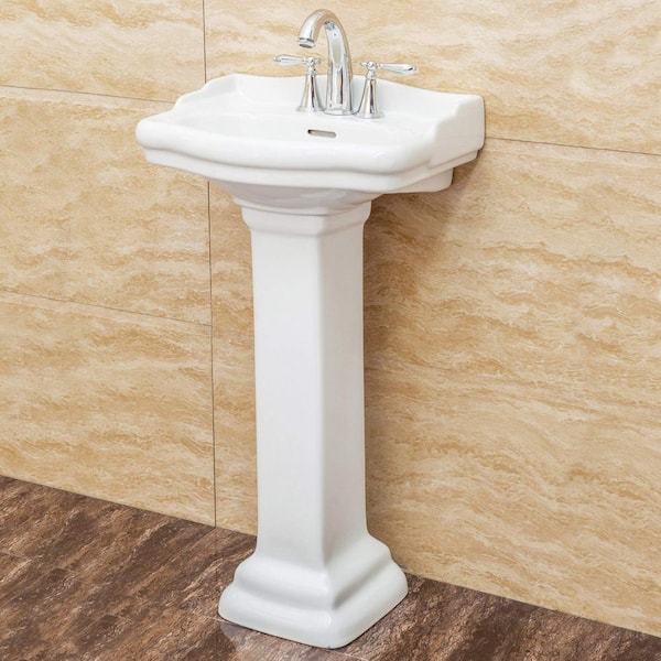 Roosevelt 18 in. Pedestal Vitreous China Rectangular Vessel Sink in White with Overflow 4 in. Faucet Hole