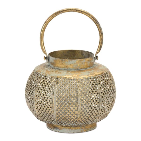 6 in. Bronze and Green Distressed Lattice Metal Tabletop Lantern Candle Holder