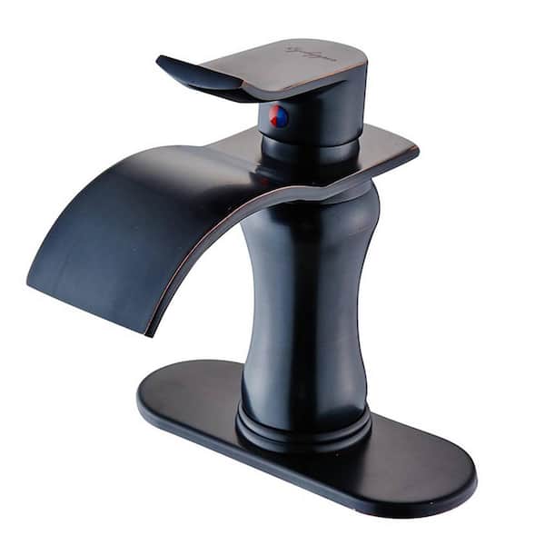 FLG Single-Handle Single-Hole Waterfall Brass Modern Bathroom Sink Faucet with Deckplate Included in Oil Rubbed Bronze