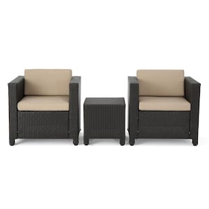 3-Piece Faux Rattan Patio Conversation Set with Beige Cushions