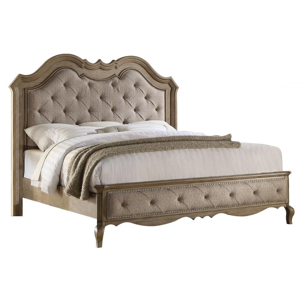 Elegant Beige Fabric Queen Bed with Tufted Nailhead Upholstery