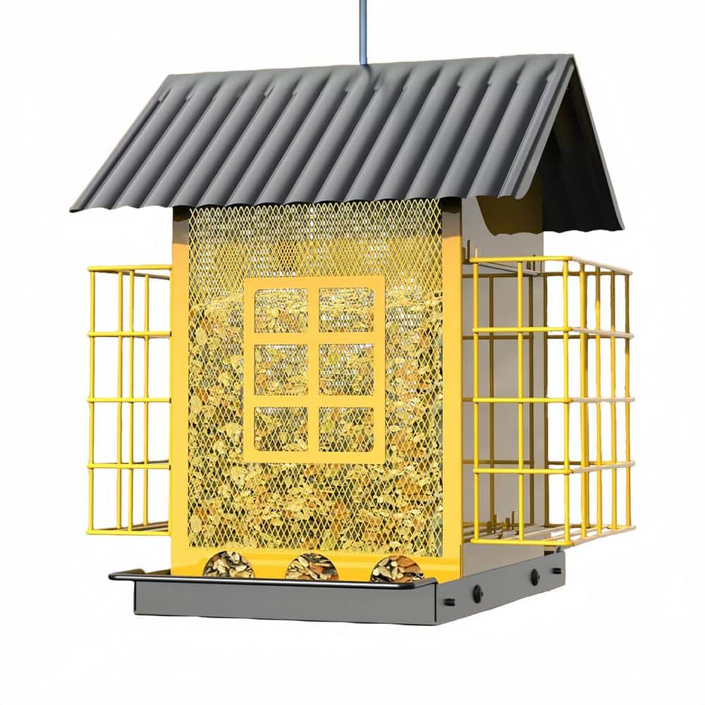 Yellow Metal Large Capacity Bird Feeders with Double Suet Cage Cake for Out