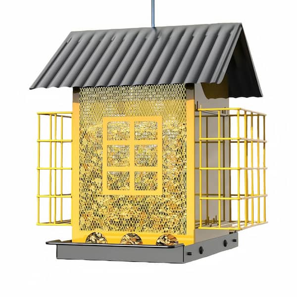 Unbranded Yellow Metal Large Capacity Bird Feeders with Double Suet Cage Cake for Outdoor Hanging