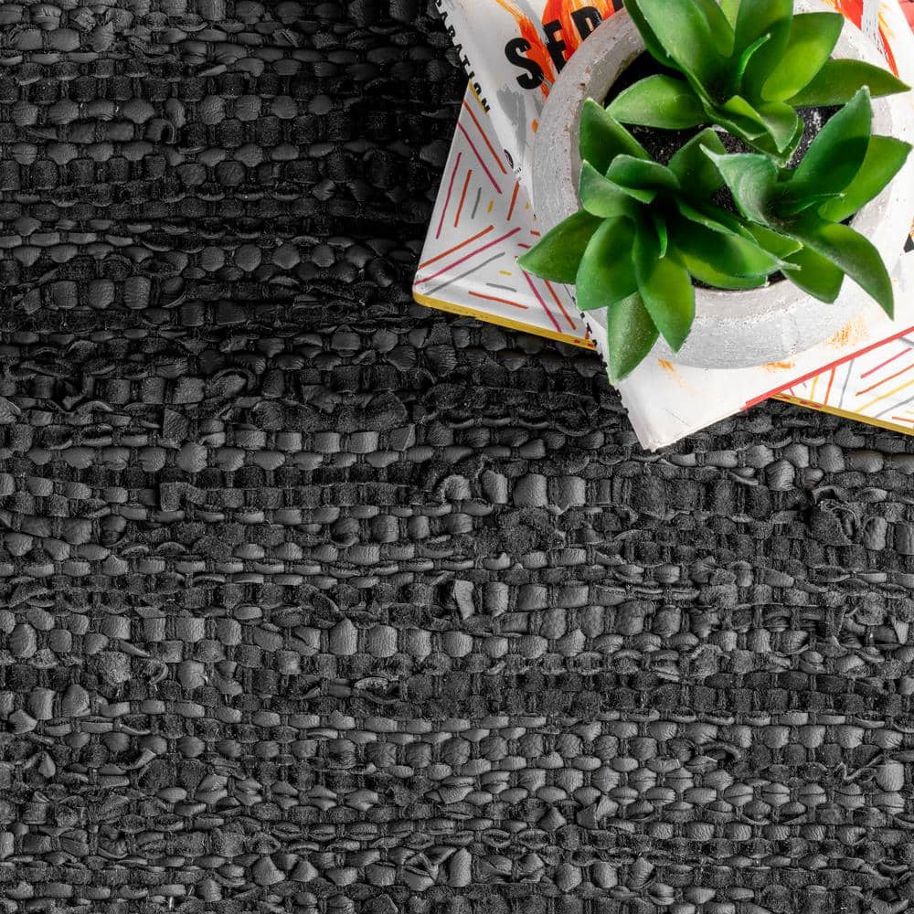 Handmade Black Leather Flatweave 8' x 10' Area Rug