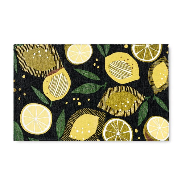 TOWN & COUNTRY LIVING Luxe Livie Fresh Lemon Black 24 in. x 40 in. Machine Washable Kitchen Mat