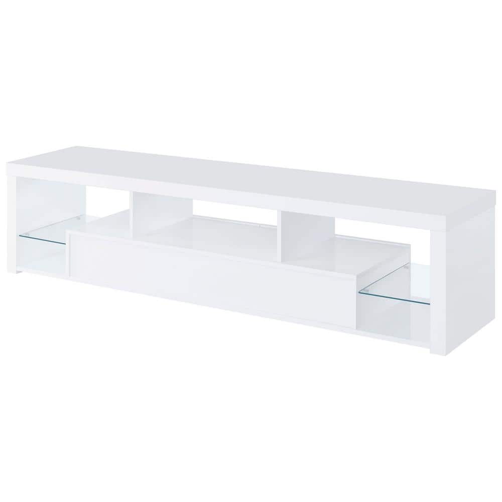 Jude White High Gloss TV Stand with Glass Shelves and Cabinet