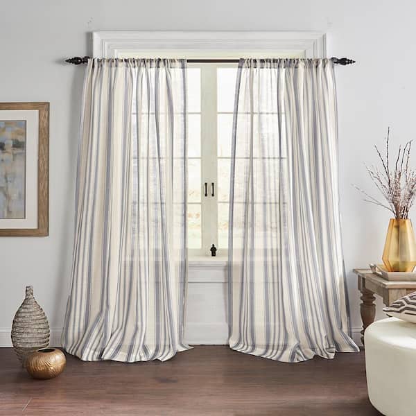 Elrene Hampton Stripe Gray Poly-Linen Blend 52(in)X84(in) Rod Pocket Sheer Window Curtain