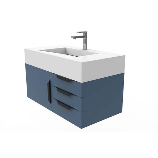 castellousa Nile 36 in. W x 19 in. D x 20 in. H Bath Vanity in Matte Blue with Black Trim and White Solid Surface Top