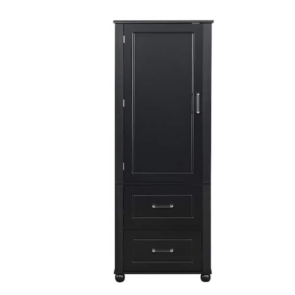 23 in. W x 15.9 in. D x 61.4 in. H Black Freestanding Linen Cabinet Bathroom Storage Cabinet in Black with Two Drawers