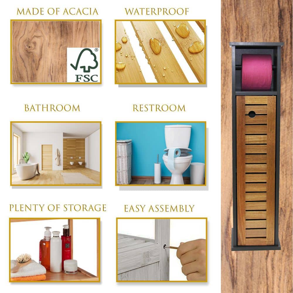Gray and Natural Acacia Wood Free-Standing Toilet Paper Holder