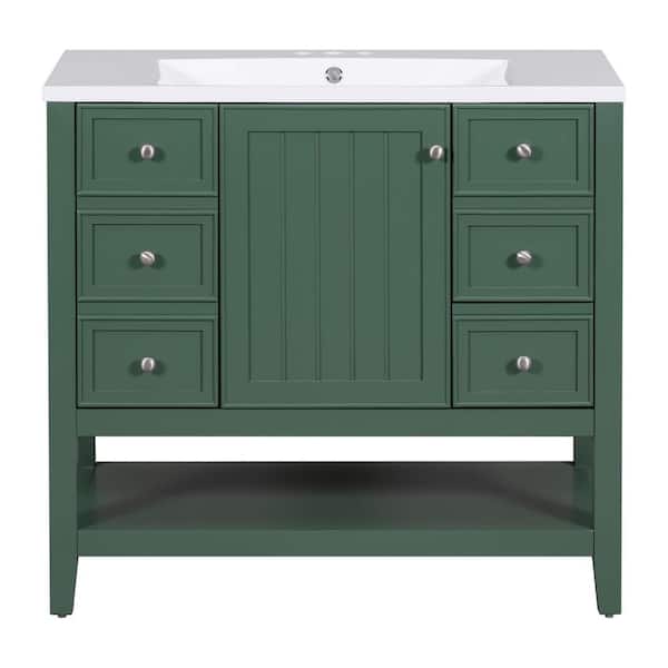 EPOWP 36 in. W x 18 in. D x 34.1 in. H Freestanding Bath Vanity in Green with White Ceramic Top Single Basin Sink & Storage