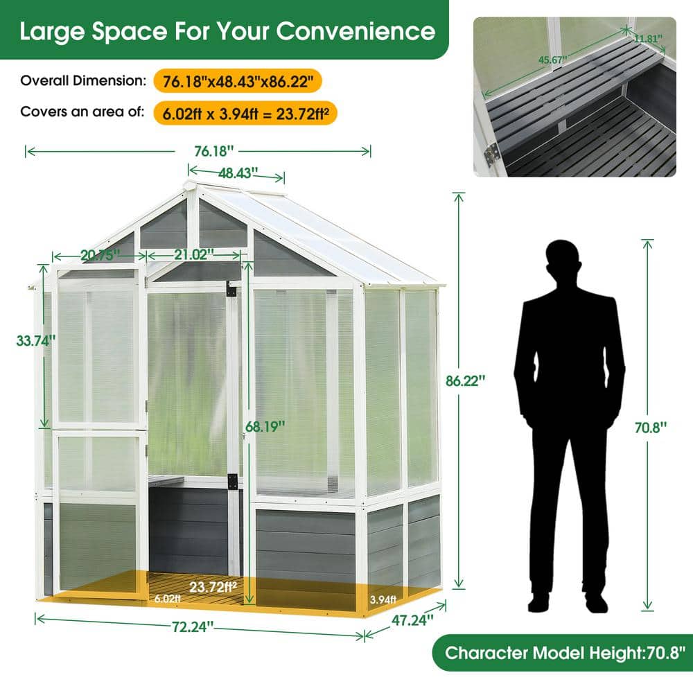 White and Gray Polycarbonate Walk-In Greenhouse with Pine Wood Frame
