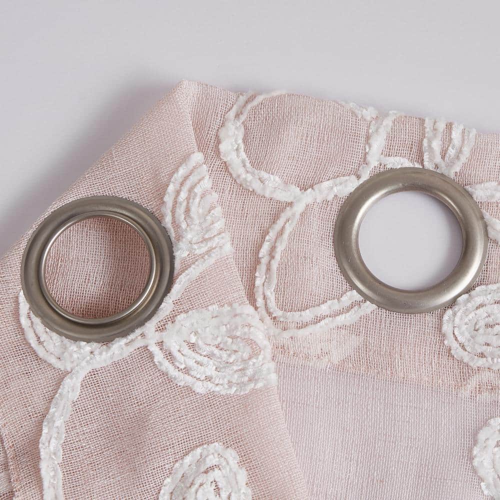 Blush Sheer Linen Grommet Window Panels with Floral Embroidery