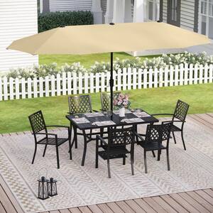Black 8-Piece Metal Outdoor Patio Dining Set with Umbrella and Elegant Stackable Chairs