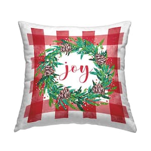 Holiday Joy Tartan Wreath Red Plaid Polyester 18in. X 18in. Throw Pillow