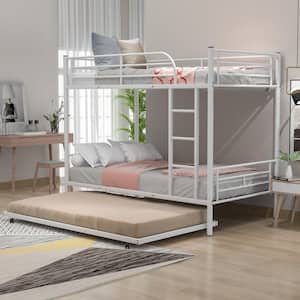 Detachable White Twin over Twin Metal Bunk Bed with Trundle, Built-in Ladder and Full-Length Guardrails for Upper Bed