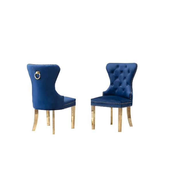 Best Quality Furniture Pam Navy Blue Velvet Gold Stainless Steel Dining Chairs (Set of 2)