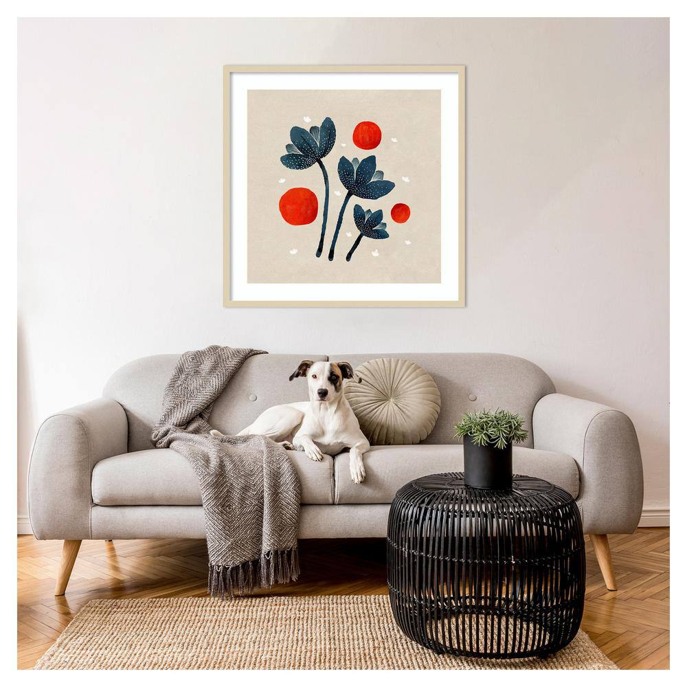 Blue Flowers II Abstract Framed Print with Natural Wood Frame