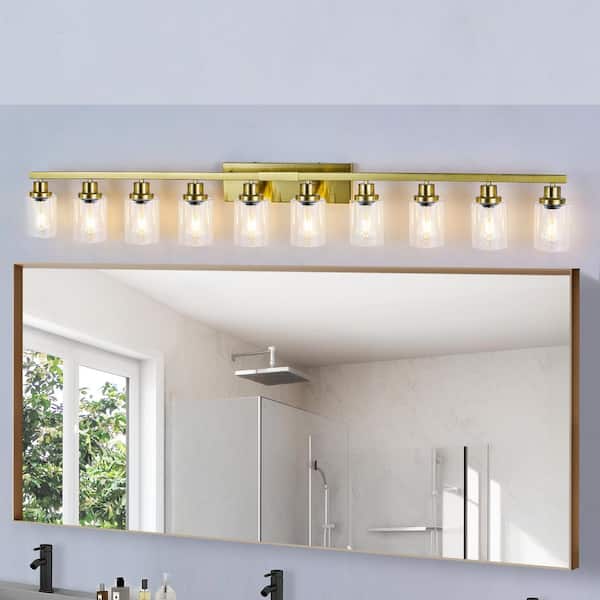 65.35 in. 10-Lights Gold LED Vanity Light Bar Modern Wall Sconce Lamp with Crystal Shade for Bathroom and Mirror