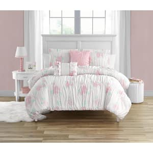 Tabitha Smocked Pink 5-Pieces Brushed Microfiber Comforter Set-Full