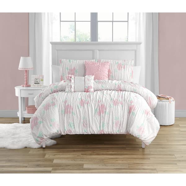 Tabitha Smocked Pink, 4 Pieces Brushed Microfiber Comforter Set-Twin